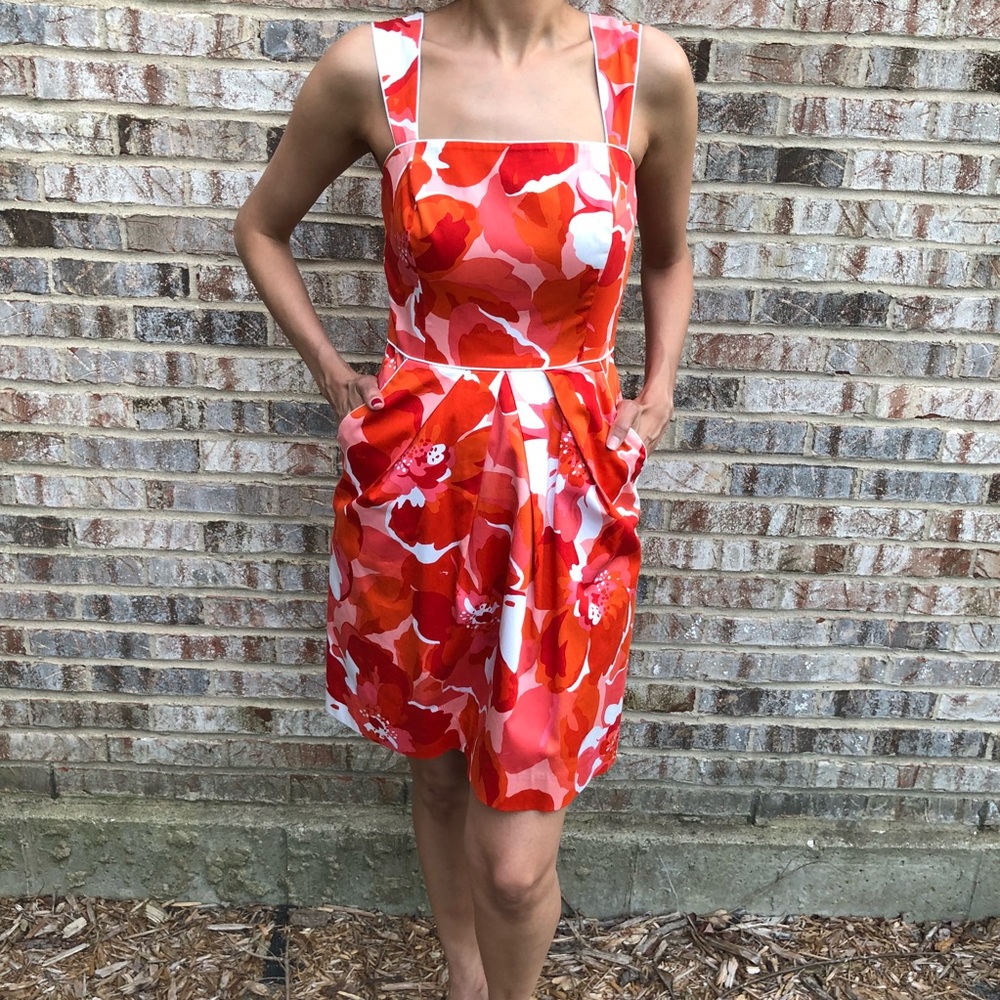 Tahari floral strap dress pockets Sundress orange